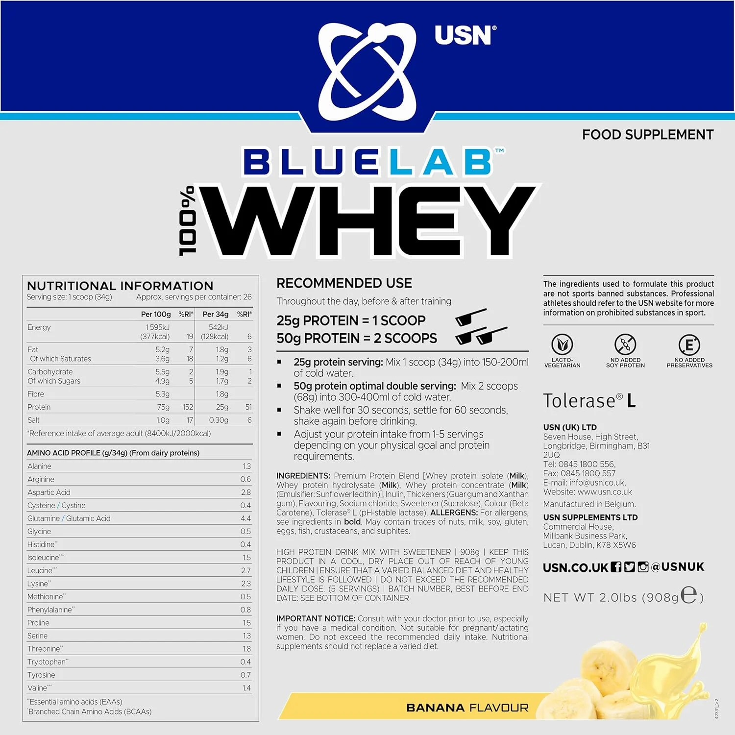 پودر پروتئین وی USN Blue Lab با طعم موز 908 گرمی، پودر پروتئین وی ممتاز، فرمولاسیون علمی، مکمل پودر پروتئین بعد از تمرین با پروتئین بالا به همراه BCAA های افزوده پودر پروتئین وی USN Blue Lab با طعم موز 908 گرمی، پودر پروتئین وی ممتاز، فرمولاسیون علمی، مکمل پودر پروتئین بعد از تمرین با پروتئین بالا به همراه BCAA های افزوده