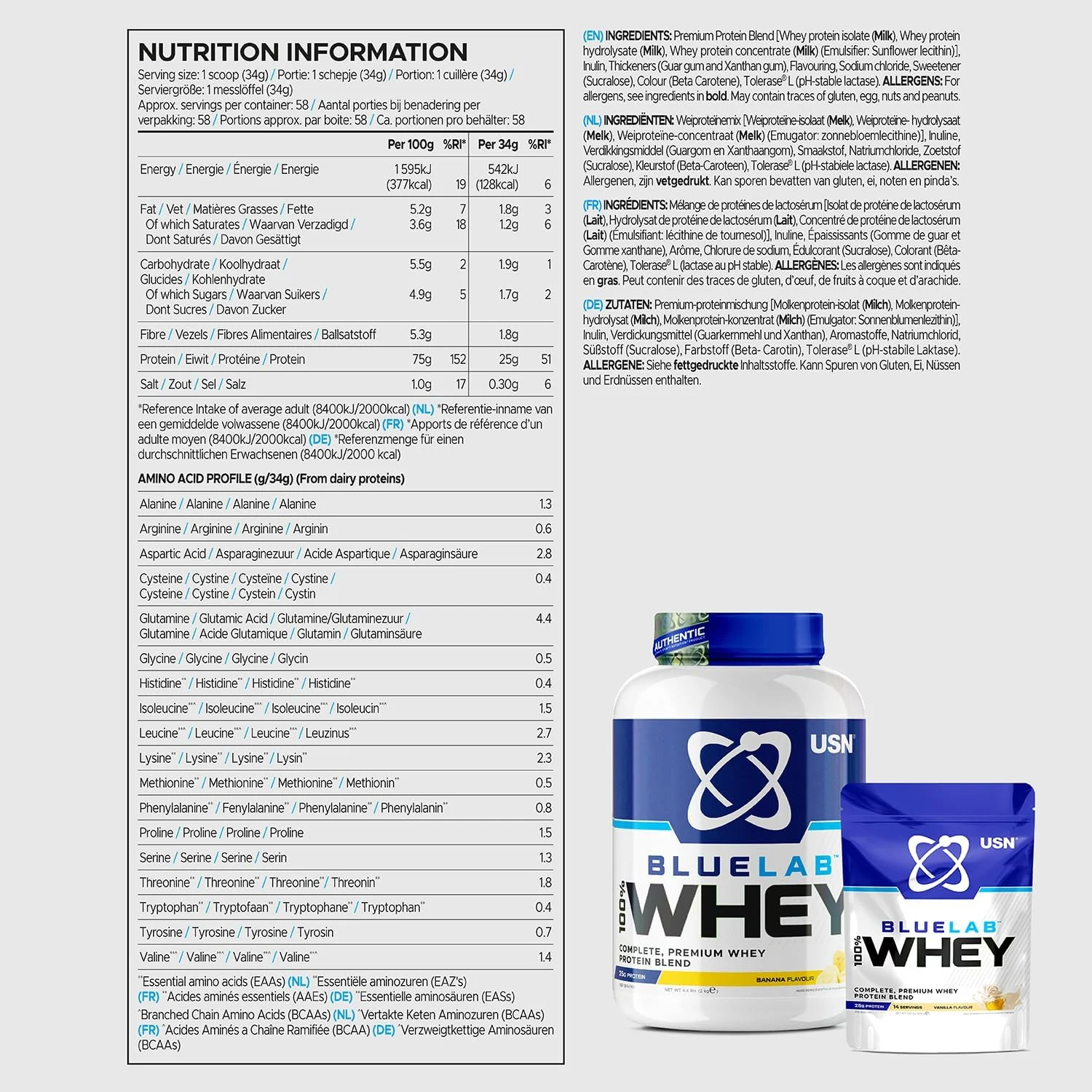پودر پروتئین وی USN Blue Lab با طعم موز 908 گرمی، پودر پروتئین وی ممتاز، فرمولاسیون علمی، مکمل پودر پروتئین بعد از تمرین با پروتئین بالا به همراه BCAA های افزوده پودر پروتئین وی USN Blue Lab با طعم موز 908 گرمی، پودر پروتئین وی ممتاز، فرمولاسیون علمی، مکمل پودر پروتئین بعد از تمرین با پروتئین بالا به همراه BCAA های افزوده