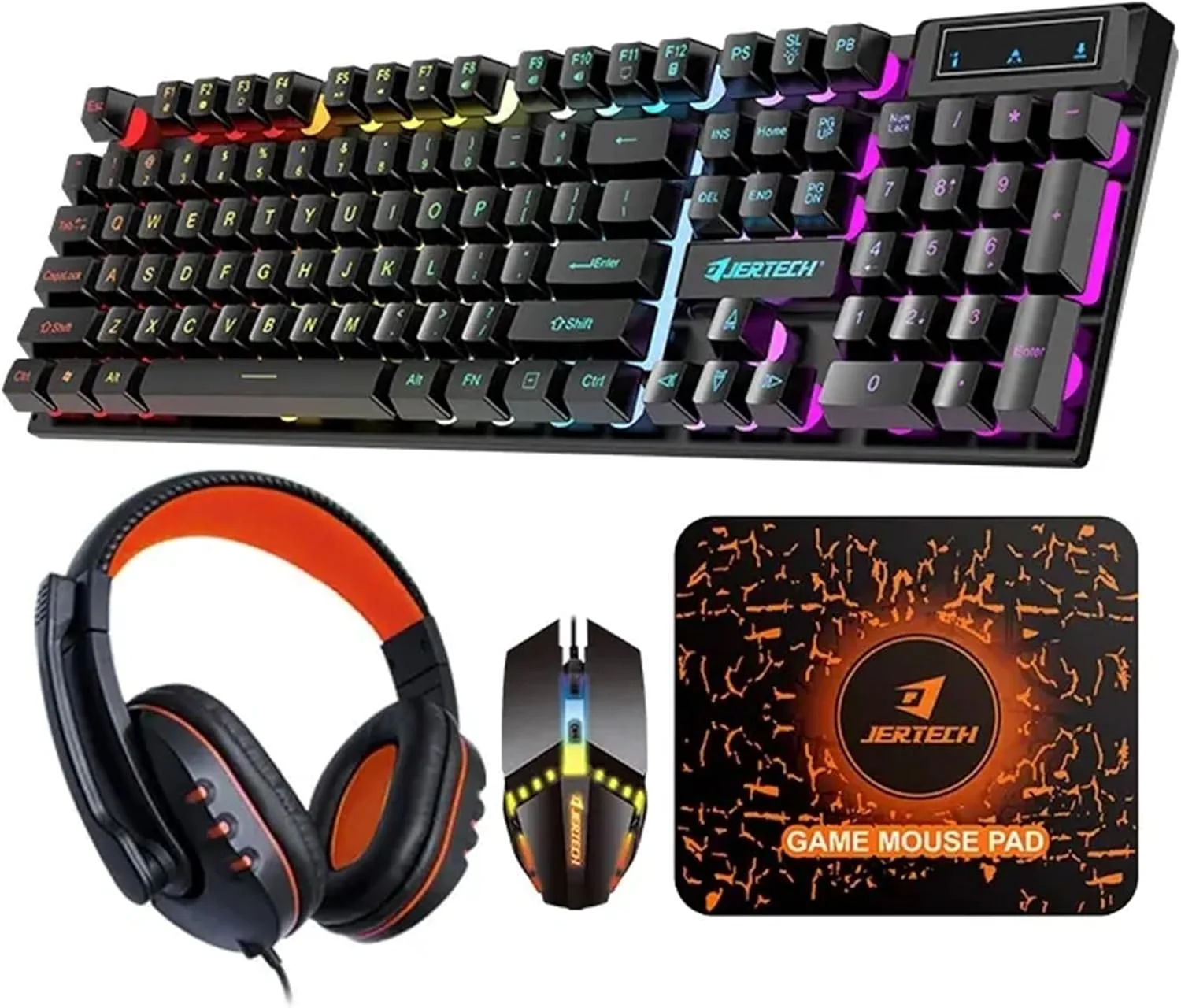 کیت گیمینگ 4 در 1 JERTECH شامل کیبورد RGB، ماوس، هدست و ماوس پد برای کامپیوتر