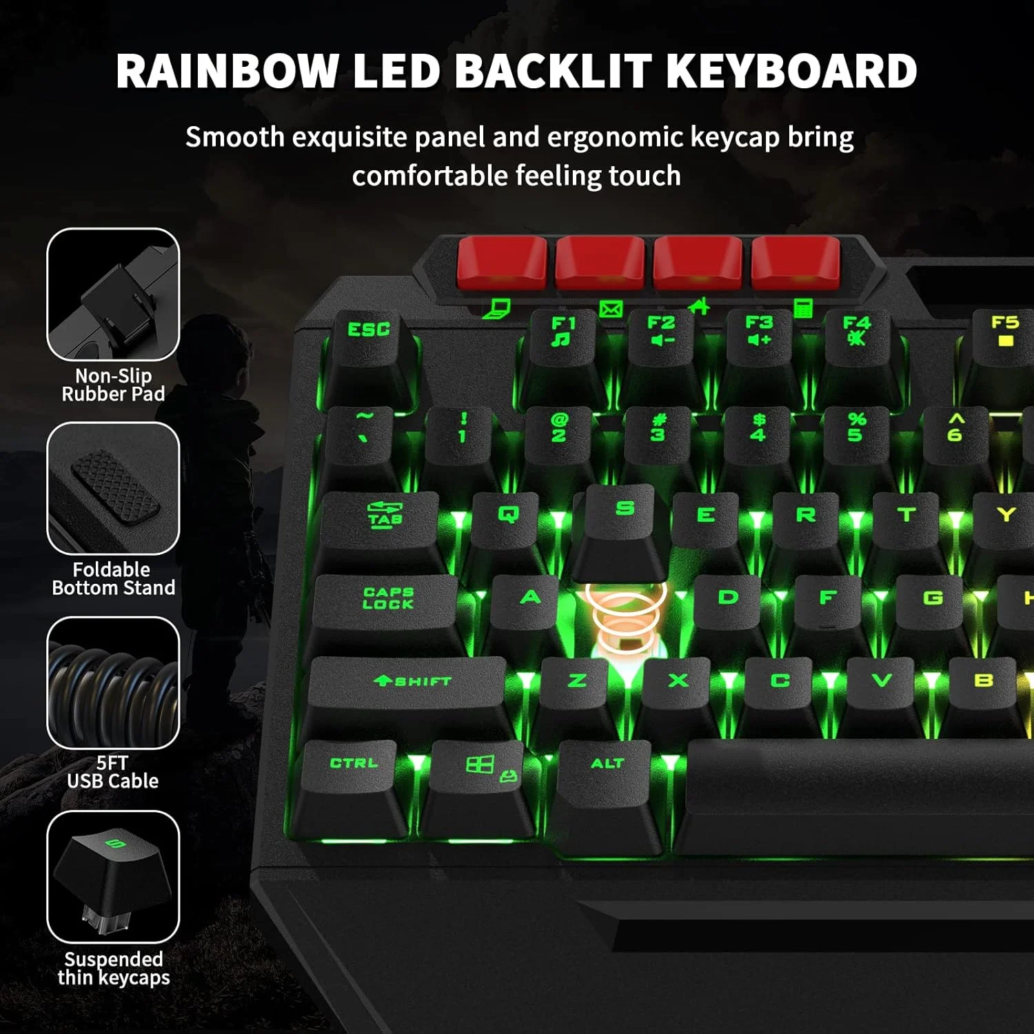 مجموعه کیبورد، ماوس، هدست و ماوس پد گیمینگ AULA، کیبورد گیمینگ با نور پس زمینه RGB LED، مجموعه کیبوردهای سیمی USB برای گیمرهای PC، کاربران Xbox، PS4