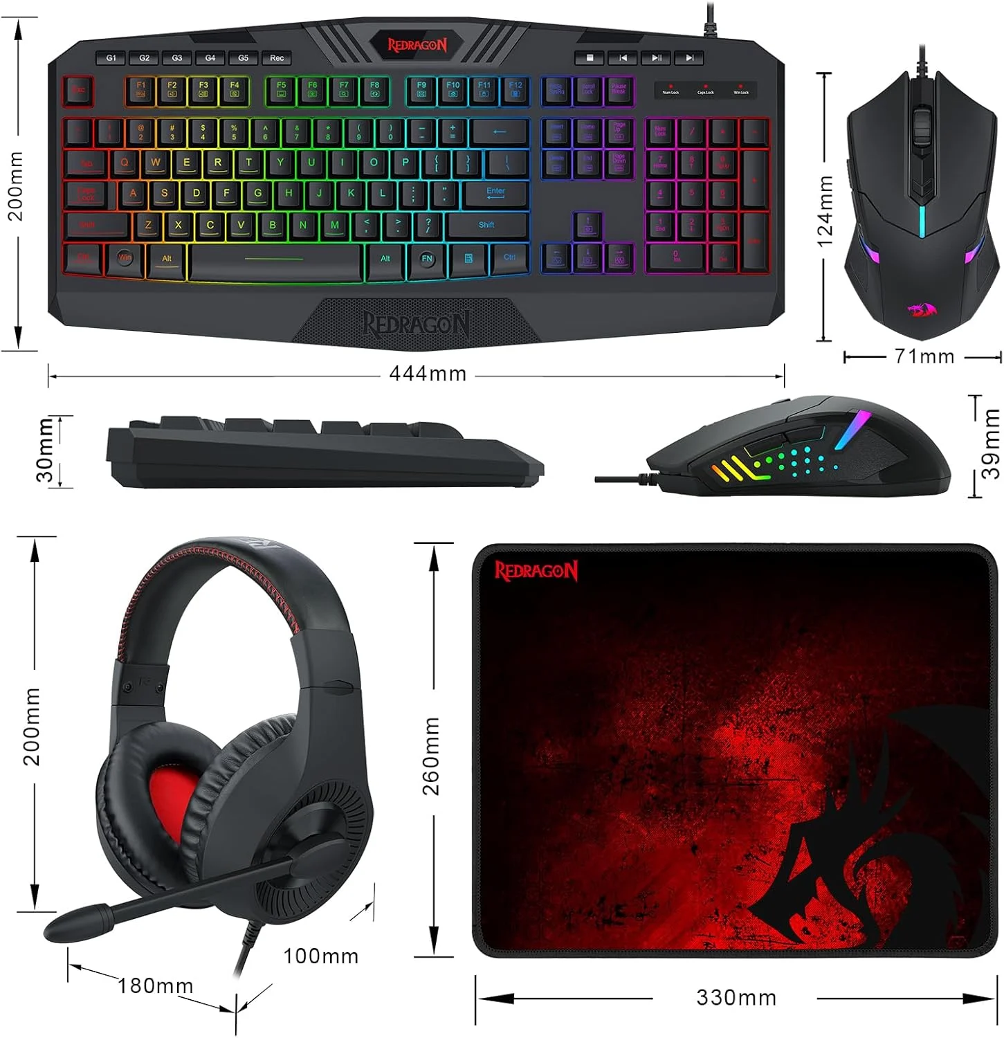 ست 4 در 1 گیمینگ سیم دار با نور پس زمینه RGB رداگون مدل S101