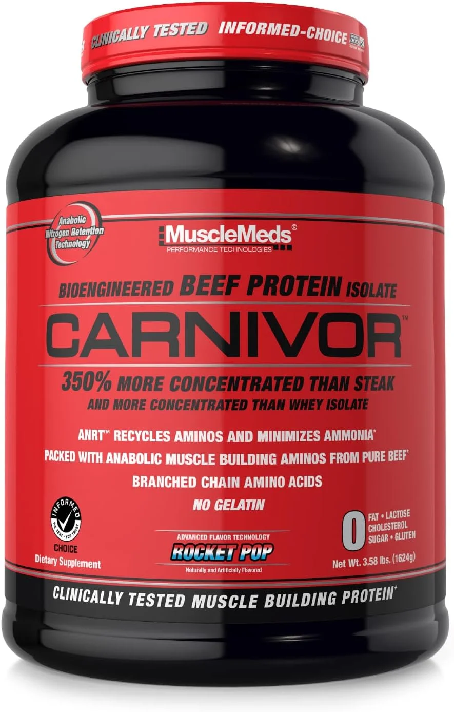 پودر پروتئین ایزوله گوشت گاو MuscleMeds Carnivor، عضله ساز، ریکاوری، بدون لاکتوز، بدون شکر، بدون چربی، 23 گرم پروتئین، راکت پاپ، 56 سروینگ