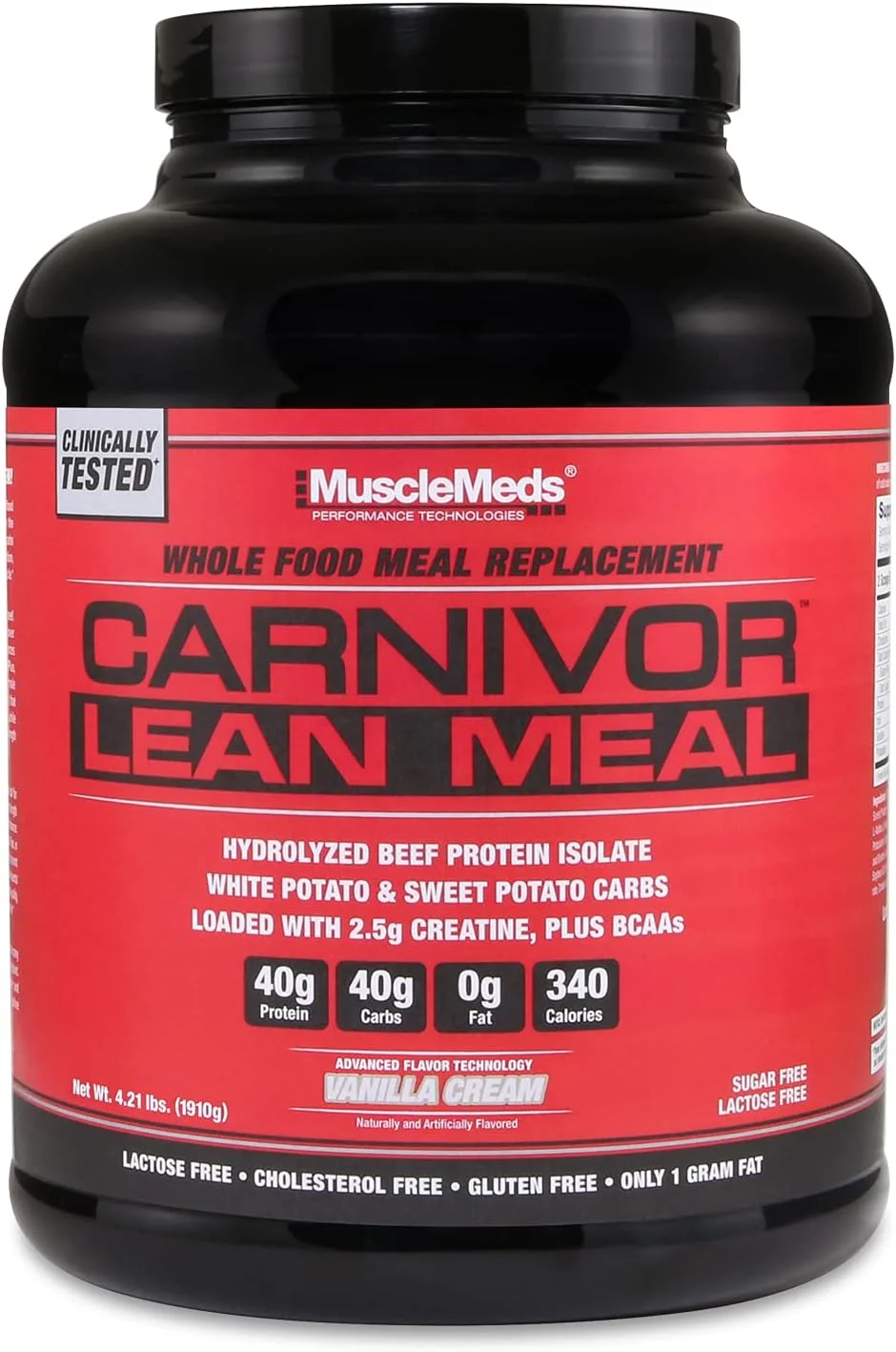 شیک جایگزین وعده غذایی کامل MuscleMeds CARNIVOR LEAN MEAL، MRE، پروتئین ایزوله گوشت گاو، سیب زمینی سفید، سیب زمینی شیرین، 40 گرم پروتئین، 40 گرم کربوهیدرات، بدون لاکتوز، بدون شکر، کرم وانیلی 20 سروینگ