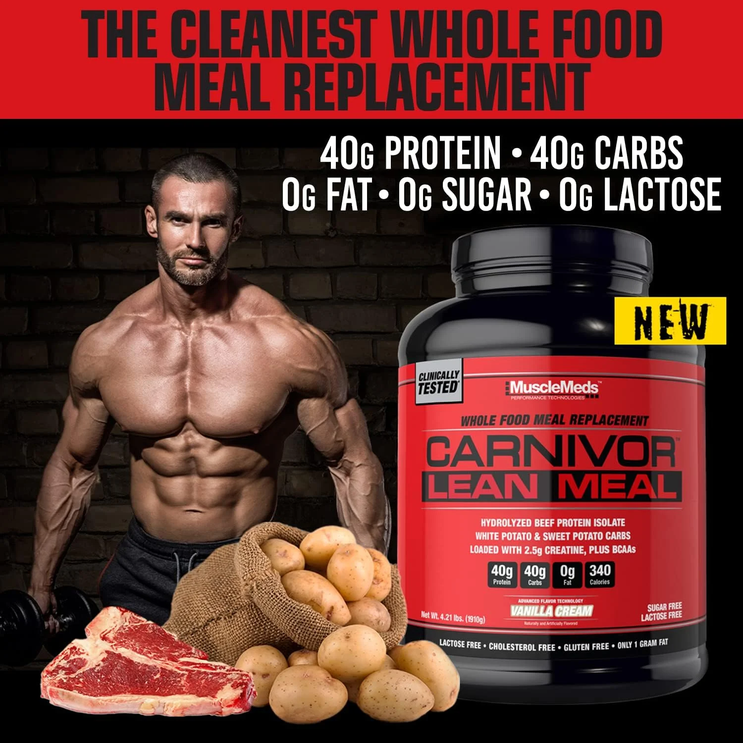 شیک جایگزین وعده غذایی کامل MuscleMeds CARNIVOR LEAN MEAL، MRE، پروتئین ایزوله گوشت گاو، سیب زمینی سفید، سیب زمینی شیرین، 40 گرم پروتئین، 40 گرم کربوهیدرات، بدون لاکتوز، بدون شکر، کرم وانیلی 20 سروینگ شیک جایگزین وعده غذایی کامل MuscleMeds CARNIVOR LEAN MEAL، MRE، پروتئین ایزوله گوشت گاو، سیب زمینی سفید، سیب زمینی شیرین، 40 گرم پروتئین، 40 گرم کربوهیدرات، بدون لاکتوز، بدون شکر، کرم وانیلی 20 سروینگ
