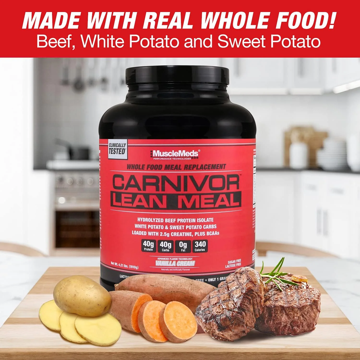 شیک جایگزین وعده غذایی کامل MuscleMeds CARNIVOR LEAN MEAL، MRE، پروتئین ایزوله گوشت گاو، سیب زمینی سفید، سیب زمینی شیرین، 40 گرم پروتئین، 40 گرم کربوهیدرات، بدون لاکتوز، بدون شکر، کرم وانیلی 20 سروینگ شیک جایگزین وعده غذایی کامل MuscleMeds CARNIVOR LEAN MEAL، MRE، پروتئین ایزوله گوشت گاو، سیب زمینی سفید، سیب زمینی شیرین، 40 گرم پروتئین، 40 گرم کربوهیدرات، بدون لاکتوز، بدون شکر، کرم وانیلی 20 سروینگ