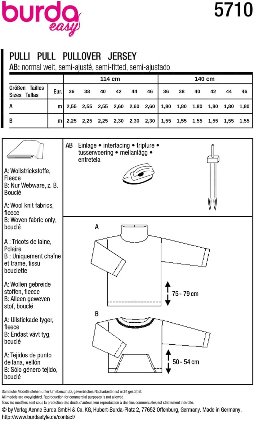 الگوی خیاطی آسان بوردا برای بانوان، پلیور نرم و راحت #5710 سایز 36-46