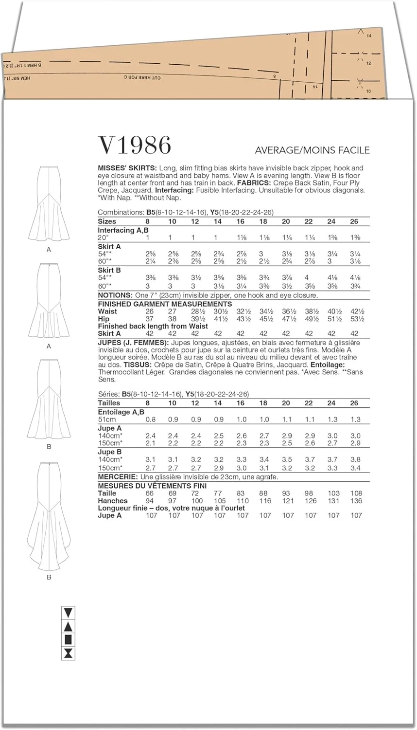 الگوهای VOGUE V1986Y5 دامن زنانه Y5 (18-20-22-24-26)