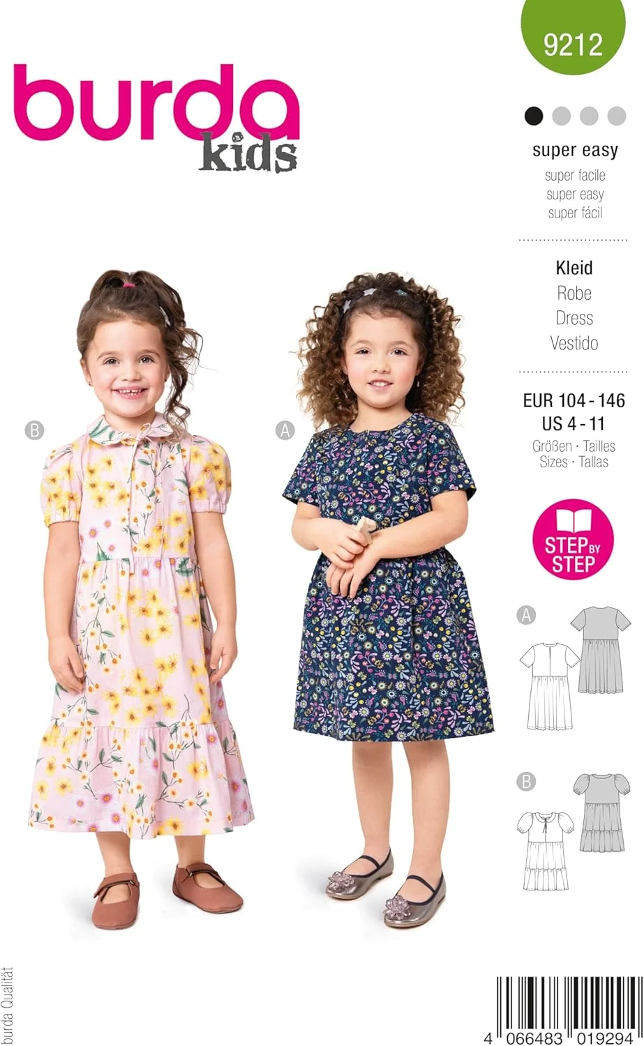 الگوی خیاطی لباس دخترانه Burda Kids #9212 با دامن کلوش، یقه پیتر پن و چین، سایز 104-146 سانتی متر