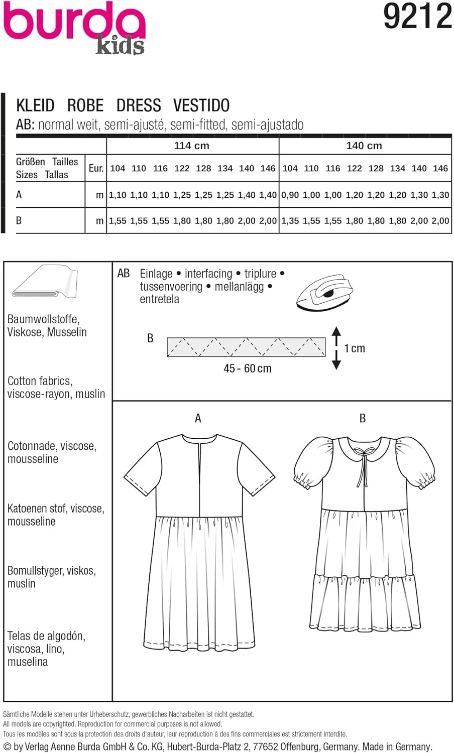الگوی خیاطی لباس دخترانه Burda Kids #9212 با دامن کلوش، یقه پیتر پن و چین، سایز 104-146 سانتی متر