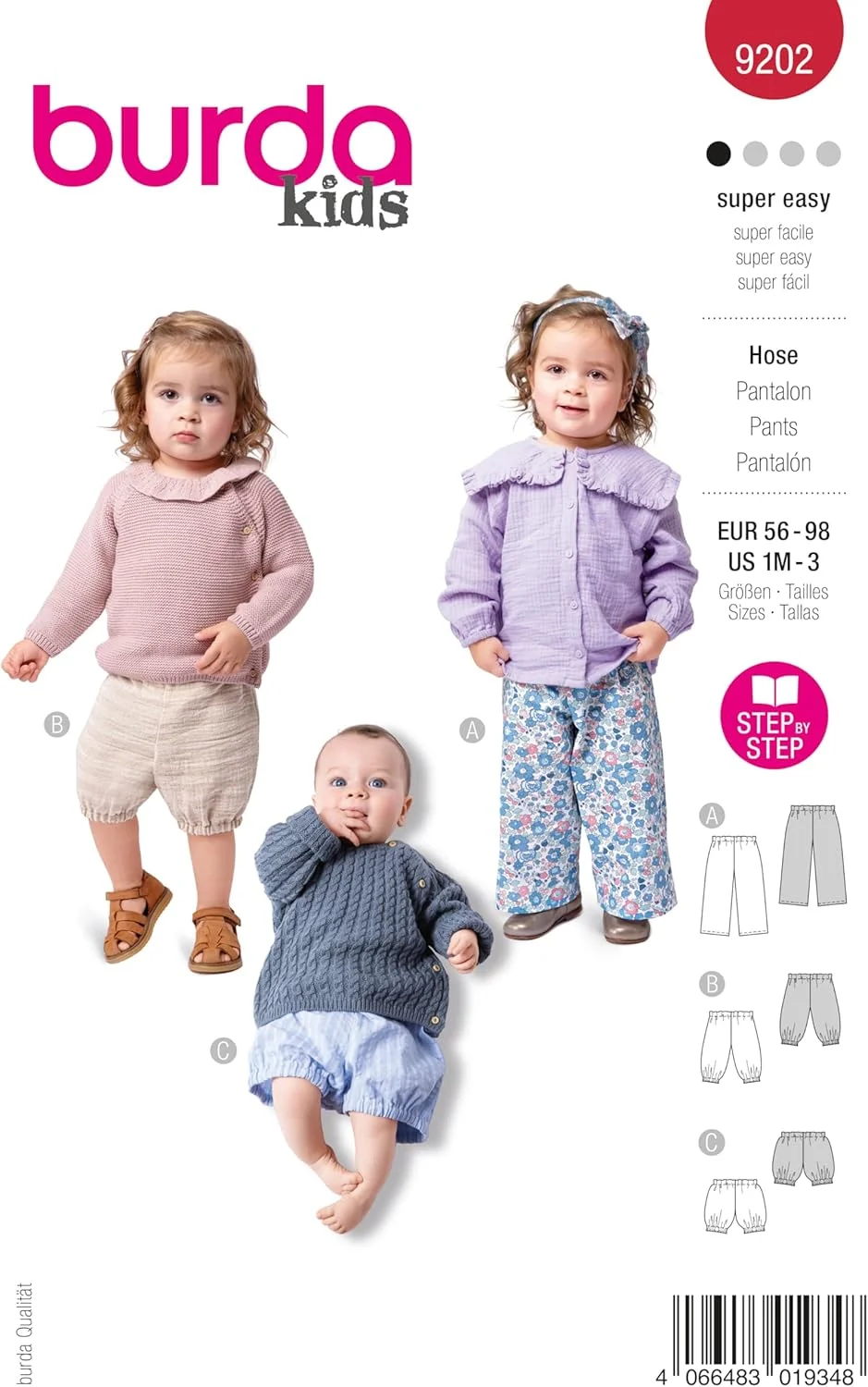 الگوی خیاطی بچه گانه Burda Kids شماره 9202، شلوار و شلوارک نخی بچه گانه با کمر کشی، سایز 56-98 الگوی خیاطی بچه گانه Burda Kids شماره 9202، شلوار و شلوارک نخی بچه گانه با کمر کشی، سایز 56-98