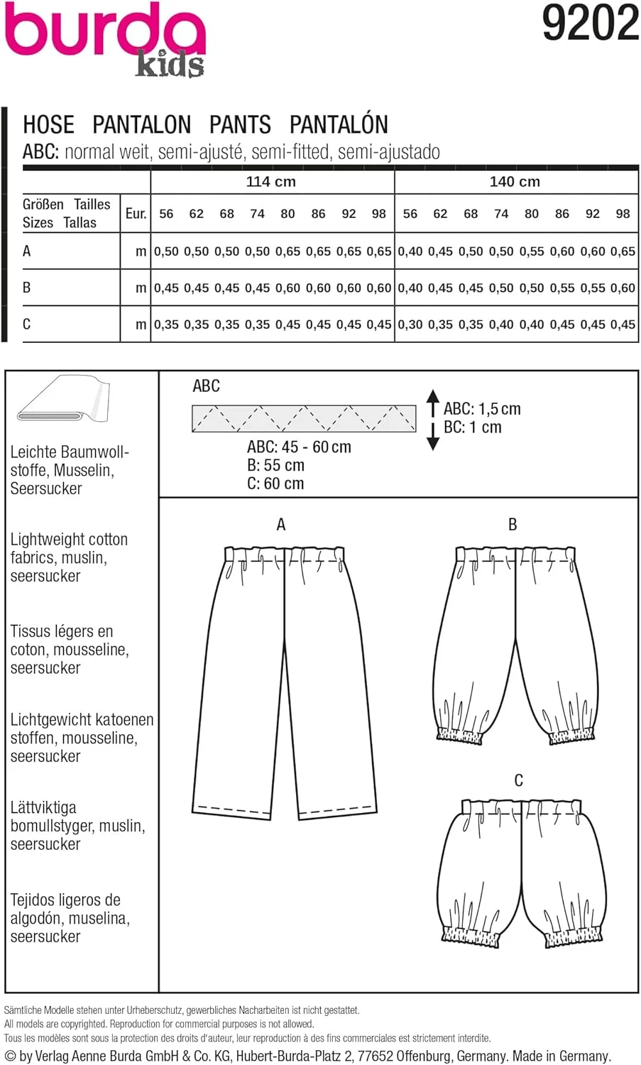 الگوی خیاطی بچه گانه Burda Kids شماره 9202، شلوار و شلوارک نخی بچه گانه با کمر کشی، سایز 56-98