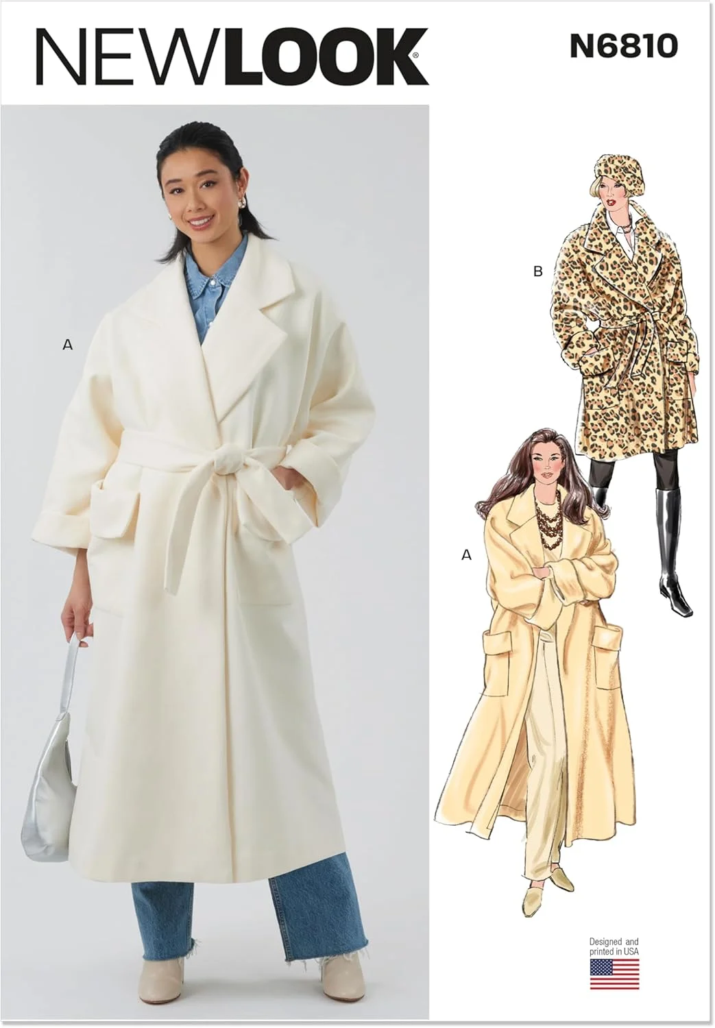 الگوی خیاطی کت عبایی بزرگ زنانه نیو لوک مدل UN6810A به همراه کمربند، کد طراحی N6810، سایزهای S-M-L-XL