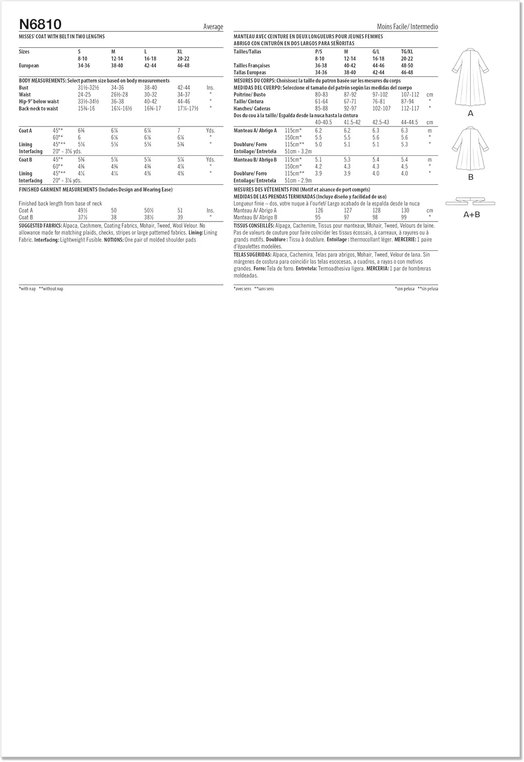 الگوی خیاطی کت عبایی بزرگ زنانه نیو لوک مدل UN6810A به همراه کمربند، کد طراحی N6810، سایزهای S-M-L-XL