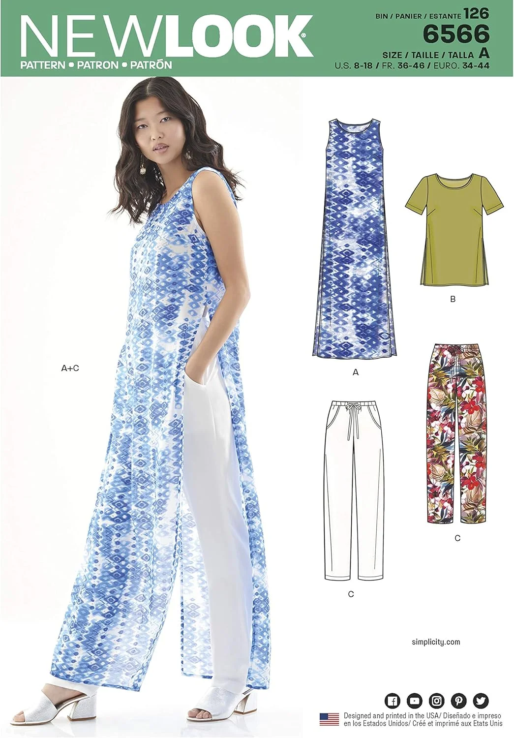 الگوی خیاطی نیو لوک برای تونیک/تاپ و شلوار زنانه، کاغذی، سفید، A (8-10-12-14-16-18)، UN6566A