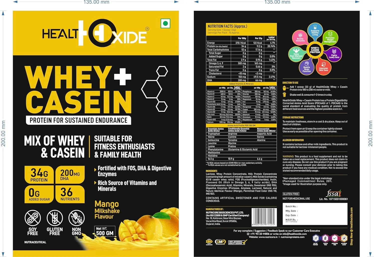 پروتئین وی و کازئین Healthoxide با DHA و آنزیم های گوارشی - 500 گرم (طعم میلک شیک انبه) پروتئین وی و کازئین Healthoxide با DHA و آنزیم های گوارشی - 500 گرم (طعم میلک شیک انبه)