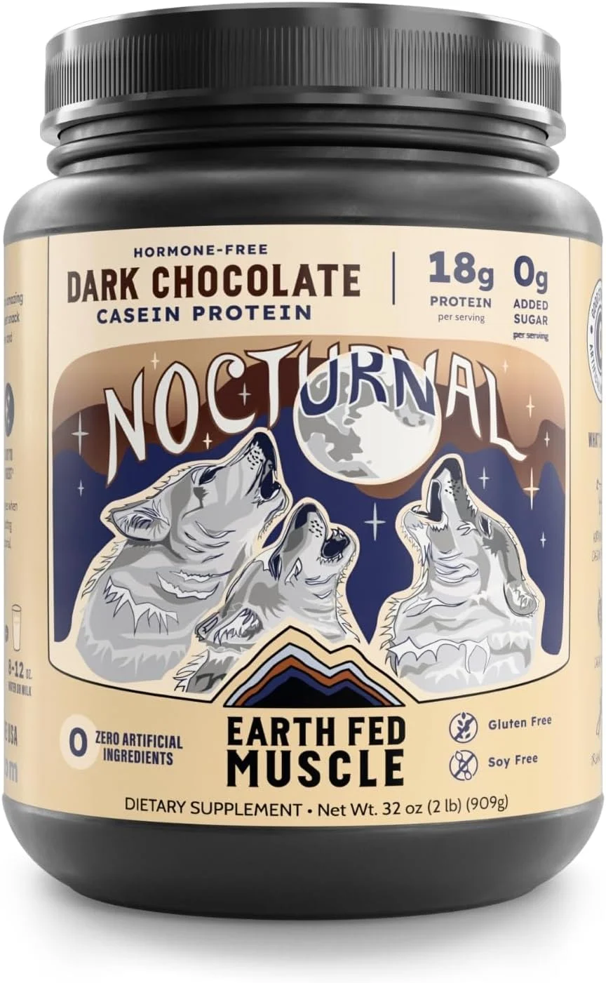 پودر پروتئین کازئین شبانه Earth Fed Muscle - پودر پروتئین شکلات تلخ با ترکیب وی - 18 گرم پروتئین، بدون شکر، بدون گلوتن - پودر پروتئین ریکاوری شبانه - 2 پوند، 23 سروینگ