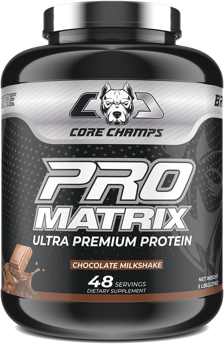 CORE CHAMPS PRO MATRIX: ترکیب پروتئینی ممتاز برای اهداف تغذیه‌ای | 48 سروینگ | 5 پوند (2.27 کیلوگرم) | کنسانتره | هیدرولیزه | کازئین | پروتئین شیر | 22 گرم پروتئین | 18 گرم کربوهیدرات | 190 کیلوکالری | میلک شیک شکلاتی