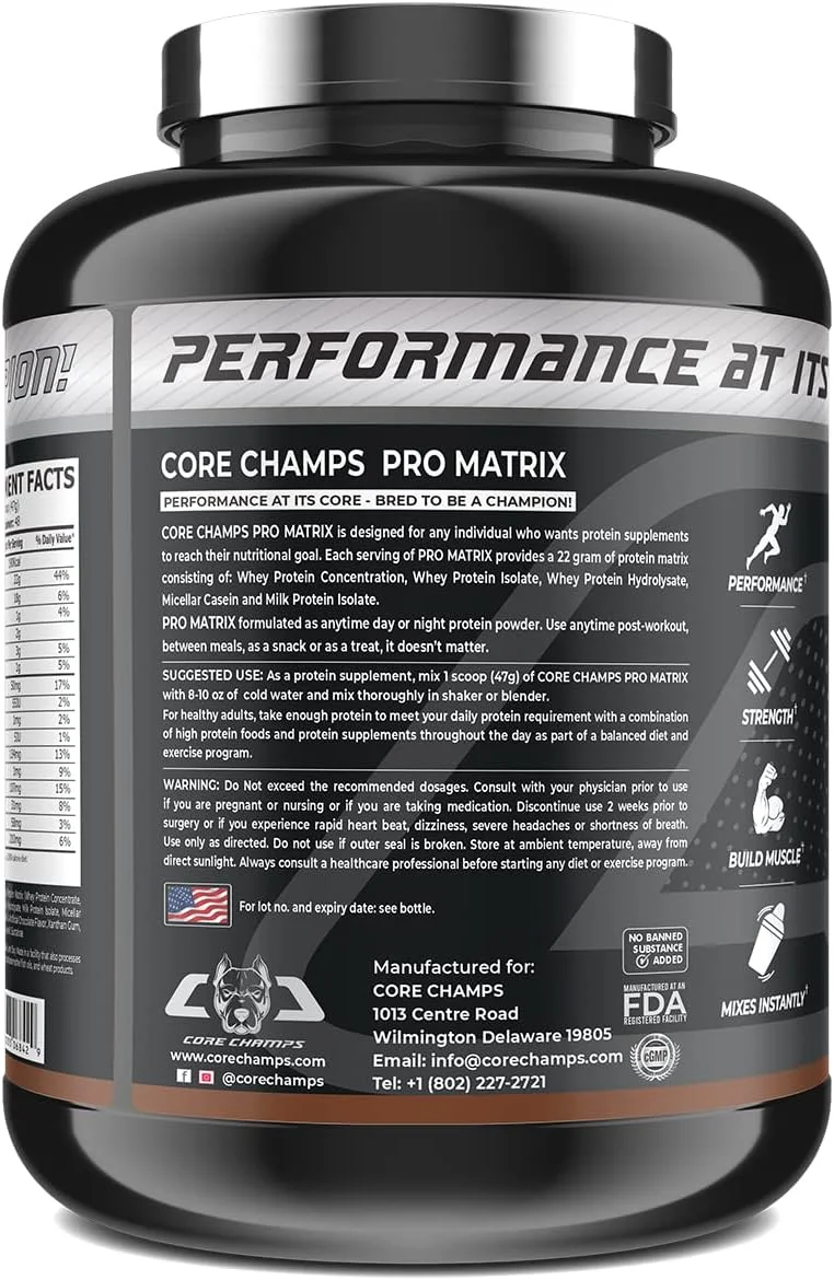 CORE CHAMPS PRO MATRIX: ترکیب پروتئینی ممتاز برای اهداف تغذیهای | 48 سروینگ | 5 پوند (2.27 کیلوگرم) | کنسانتره | هیدرولیزه | کازئین | پروتئین شیر | 22 گرم پروتئین | 18 گرم کربوهیدرات | 190 کیلوکالری | میلک شیک شکلاتی CORE CHAMPS PRO MATRIX: ترکیب پروتئینی ممتاز برای اهداف تغذیهای | 48 سروینگ | 5 پوند (2.27 کیلوگرم) | کنسانتره | هیدرولیزه | کازئین | پروتئین شیر | 22 گرم پروتئین | 18 گرم کربوهیدرات | 190 کیلوکالری | میلک شیک شکلاتی
