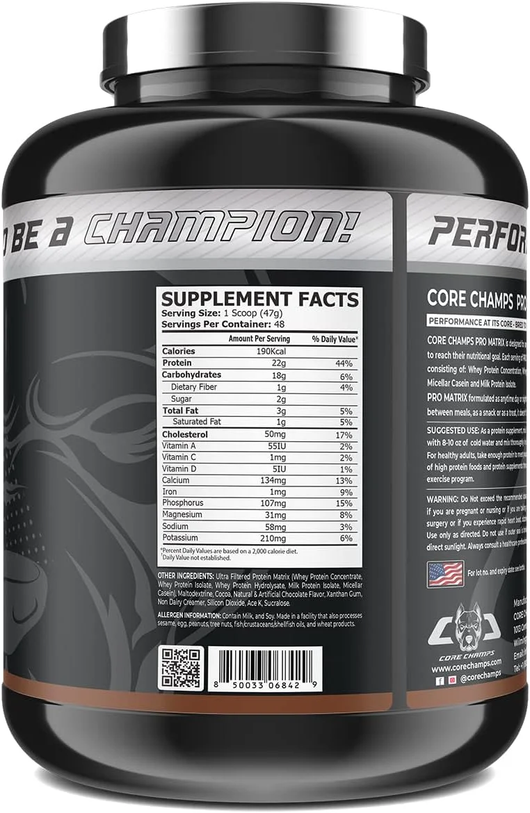 CORE CHAMPS PRO MATRIX: ترکیب پروتئینی ممتاز برای اهداف تغذیهای | 48 سروینگ | 5 پوند (2.27 کیلوگرم) | کنسانتره | هیدرولیزه | کازئین | پروتئین شیر | 22 گرم پروتئین | 18 گرم کربوهیدرات | 190 کیلوکالری | میلک شیک شکلاتی CORE CHAMPS PRO MATRIX: ترکیب پروتئینی ممتاز برای اهداف تغذیهای | 48 سروینگ | 5 پوند (2.27 کیلوگرم) | کنسانتره | هیدرولیزه | کازئین | پروتئین شیر | 22 گرم پروتئین | 18 گرم کربوهیدرات | 190 کیلوکالری | میلک شیک شکلاتی
