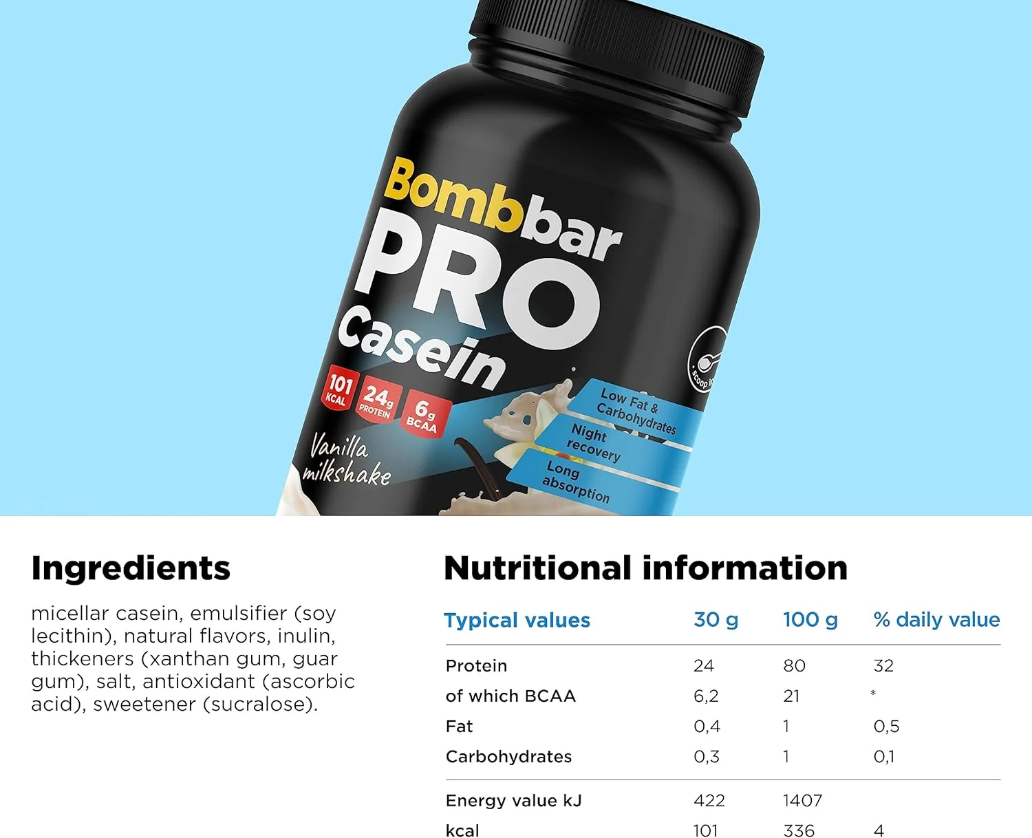 پودر پروتئین کازئین پریمیوم Bombbar - هضم آهسته، ترمیم عضلات - 24 گرم پروتئین در هر وعده - ایده آل برای ریکاوری شبانه - 900 گرم… (میلک شیک وانیلی) پودر پروتئین کازئین پریمیوم Bombbar - هضم آهسته، ترمیم عضلات - 24 گرم پروتئین در هر وعده - ایده آل برای ریکاوری شبانه - 900 گرم… (میلک شیک وانیلی)