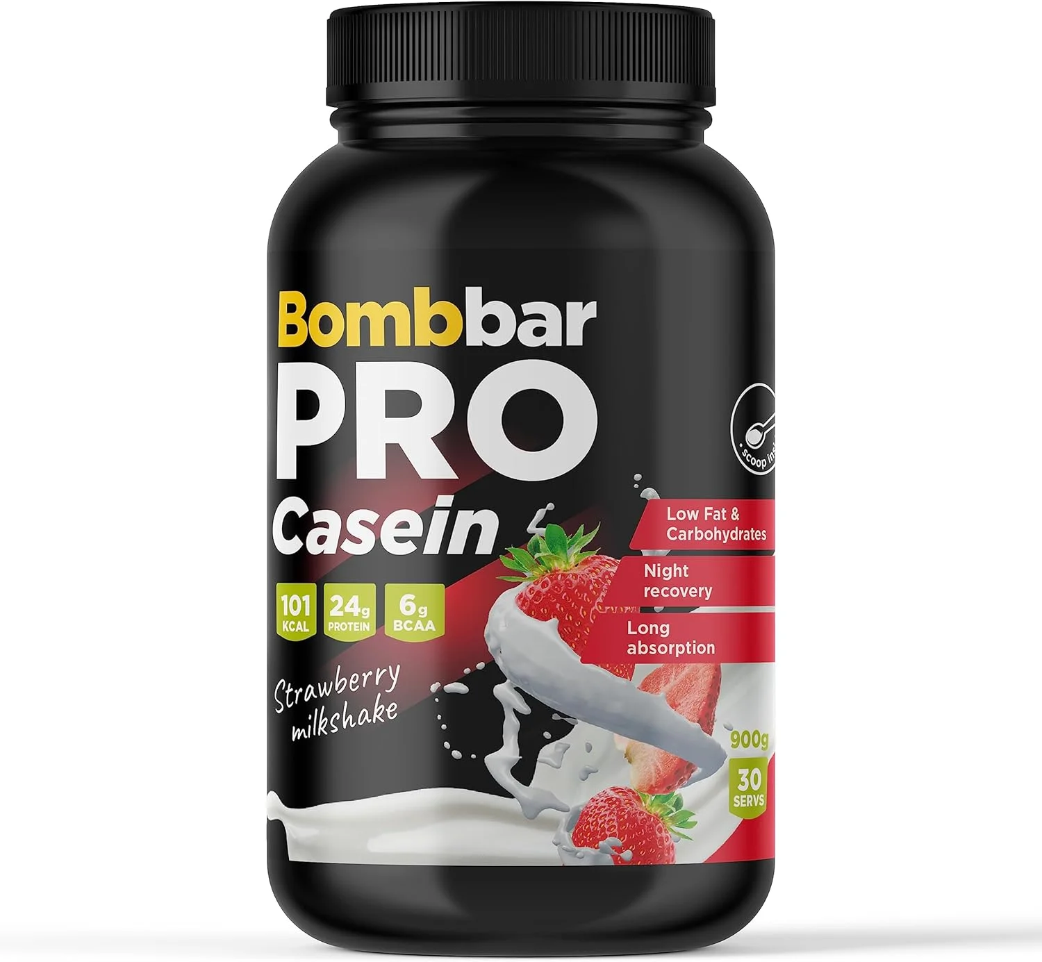 پودر پروتئین کازئین پریمیوم Bombbar - هضم آهسته، ترمیم عضلات - 24 گرم پروتئین در هر وعده - ایده آل برای ریکاوری شبانه - 900 گرم ... (میلک شیک توت فرنگی)
