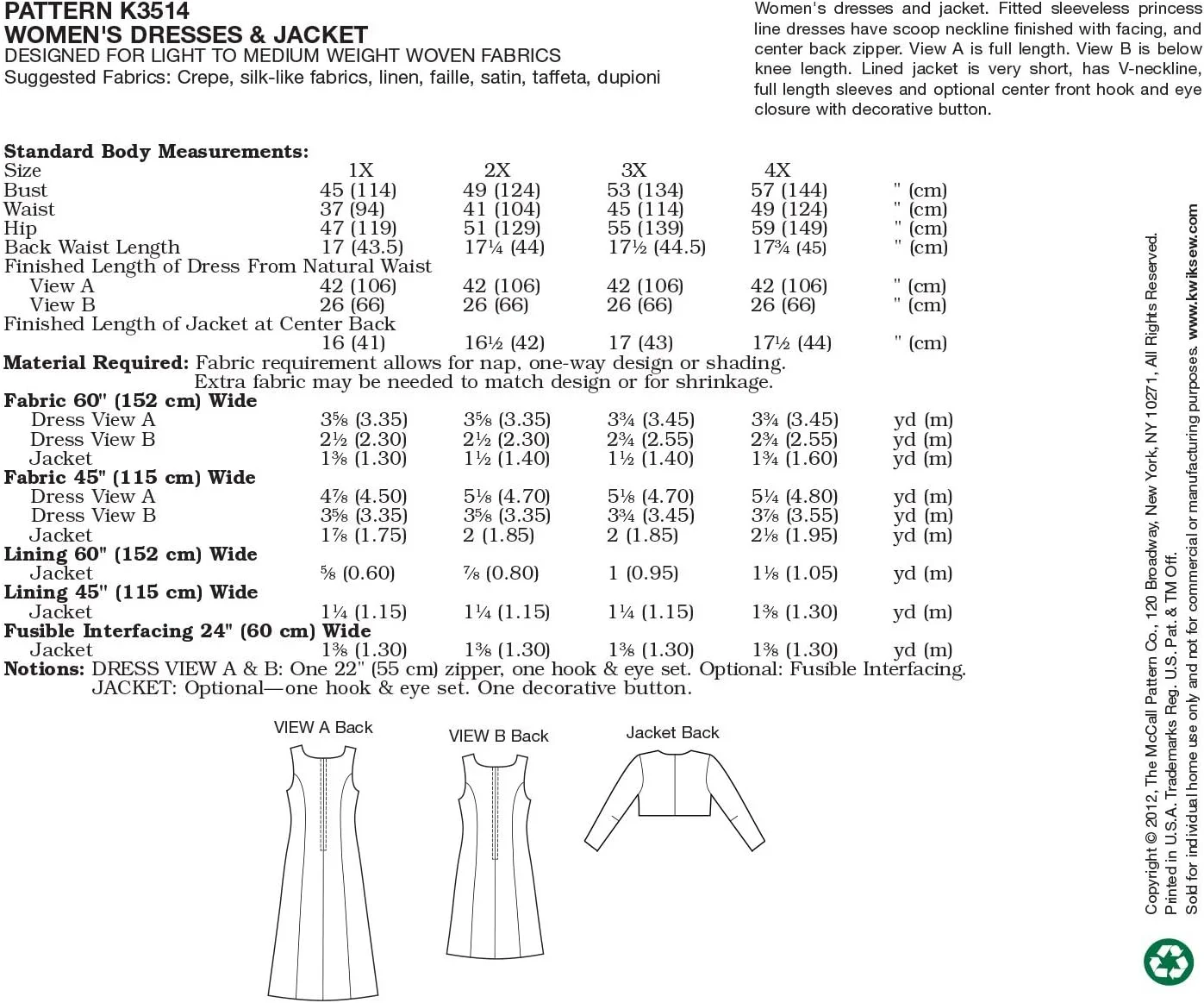 الگوهای خیاطی کوئیک-سیو K3514 سایز 1X - 2X - 3X - 4X، لباس و ژاکت، بسته 1 عددی، سفید