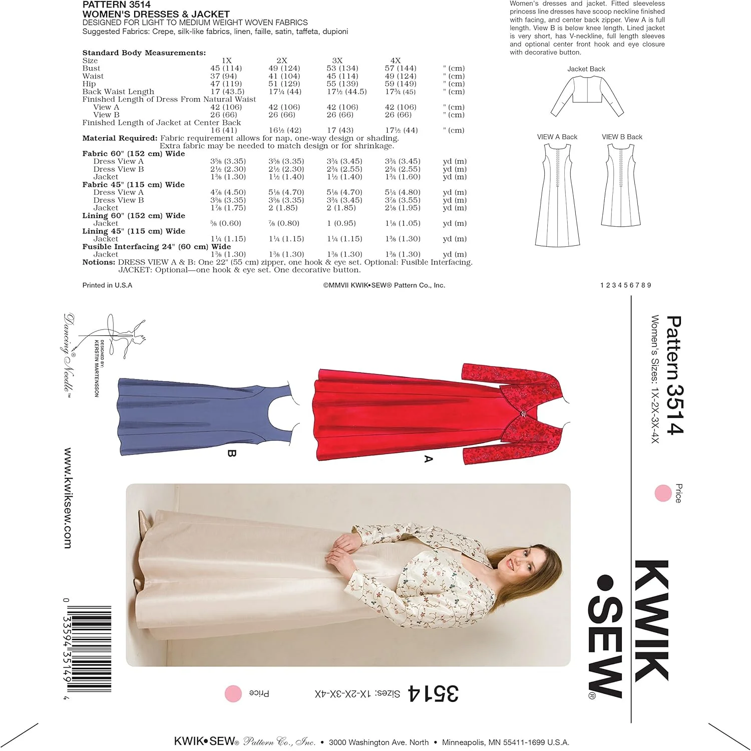 الگوهای خیاطی کوئیک-سیو K3514 سایز 1X - 2X - 3X - 4X، لباس و ژاکت، بسته 1 عددی، سفید