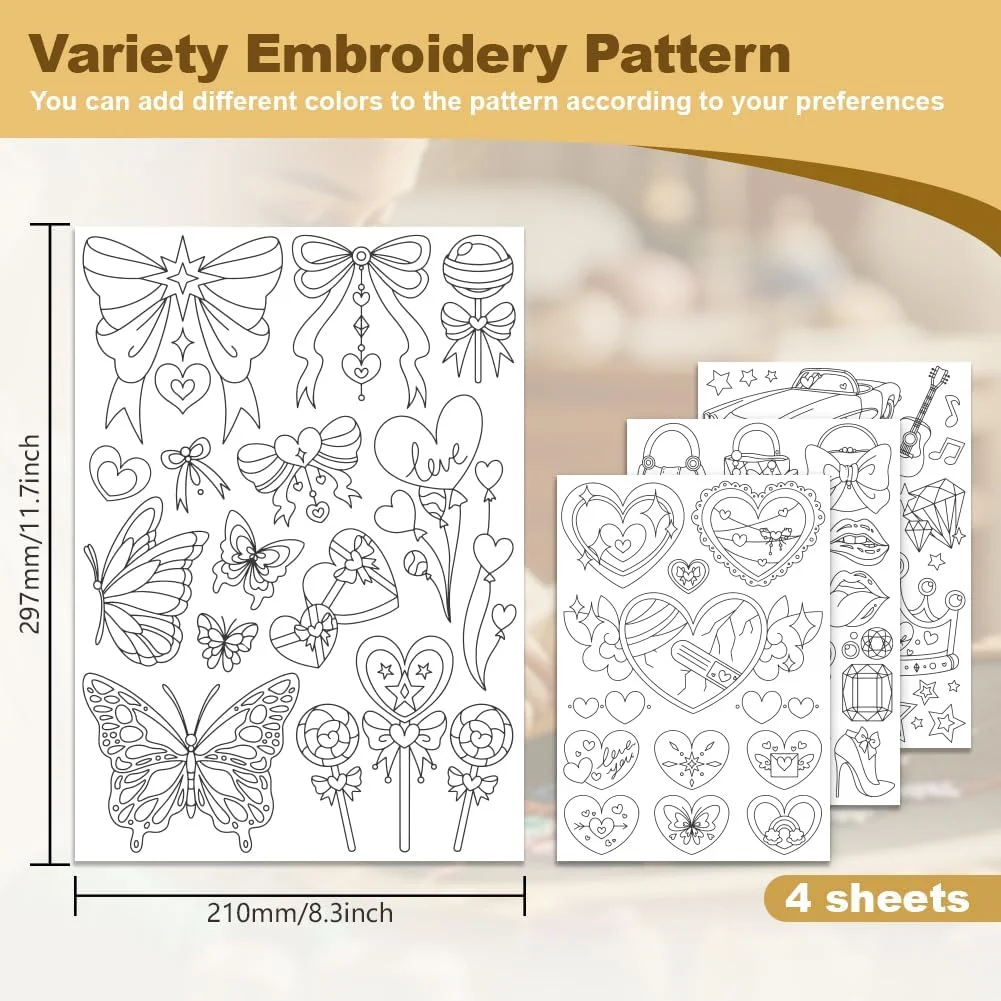 43 عدد تثبیت کننده طرح گلدوزی به سبک زنانه زیبا، 21x29.7 سانتی متر طرح قلب، پاپیون، کیف، استیکر گلدوزی محلول در آب، 4 ورق کاغذ گلدوزی DIY برای دوخت دستی دامن، ماشین، و غیره