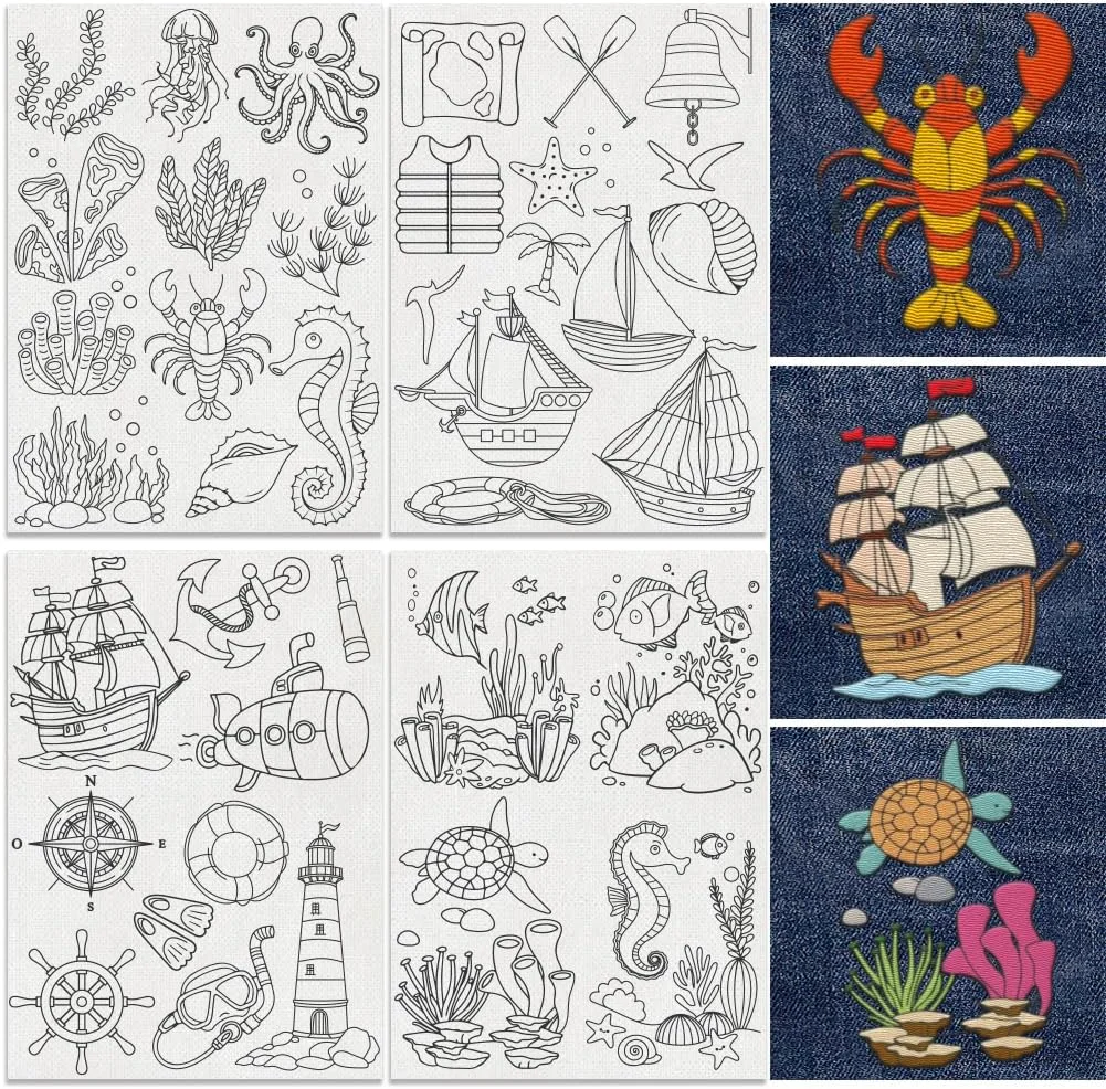 DOODLREAM تثبیت کننده طرح گلدوزی عناصر اقیانوسی 38 عددی، استیکر گلدوزی چسبی و حل شونده طرح موجودات دریایی 21x29.7 سانتی متر، 4 ورق کاغذ گلدوزی DIY دست دوز طرح علف دریایی، قایق بادبانی و آب