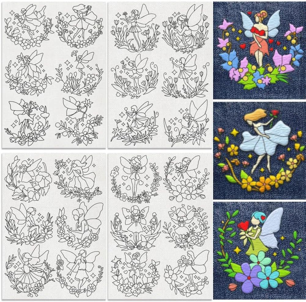DOODLREAM 24 عدد استابلایزر طرح گلدوزی پری رقصنده با گل، 21 x 29.7 سانتی متر استیکر گلدوزی پری گل حلال، 4 ورق کاغذ گلدوزی DIY دستی با آب