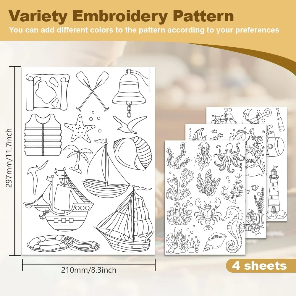 DOODLREAM تثبیت کننده طرح گلدوزی عناصر اقیانوسی 38 عددی، استیکر گلدوزی چسبی و حل شونده طرح موجودات دریایی 21x29.7 سانتی متر، 4 ورق کاغذ گلدوزی DIY دست دوز طرح علف دریایی، قایق بادبانی و آب