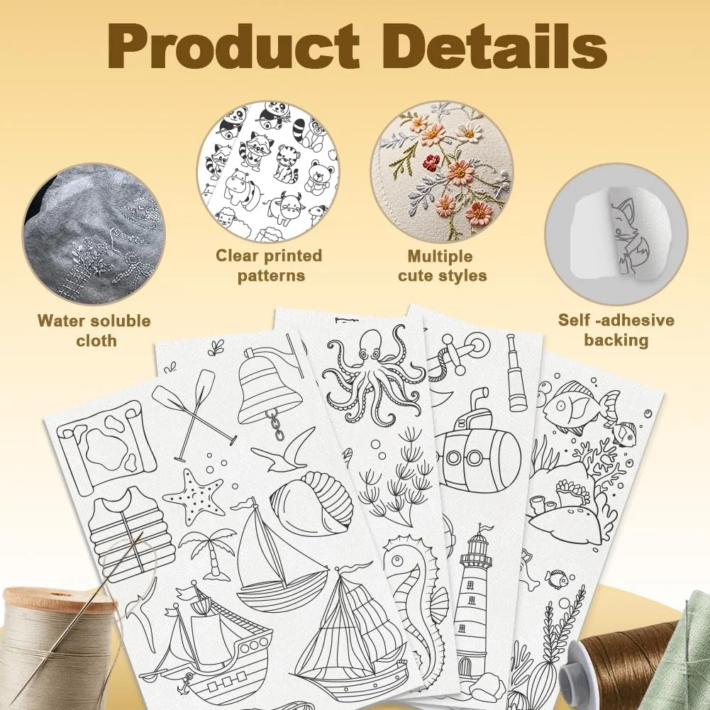 DOODLREAM تثبیت کننده طرح گلدوزی عناصر اقیانوسی 38 عددی، استیکر گلدوزی چسبی و حل شونده طرح موجودات دریایی 21x29.7 سانتی متر، 4 ورق کاغذ گلدوزی DIY دست دوز طرح علف دریایی، قایق بادبانی و آب