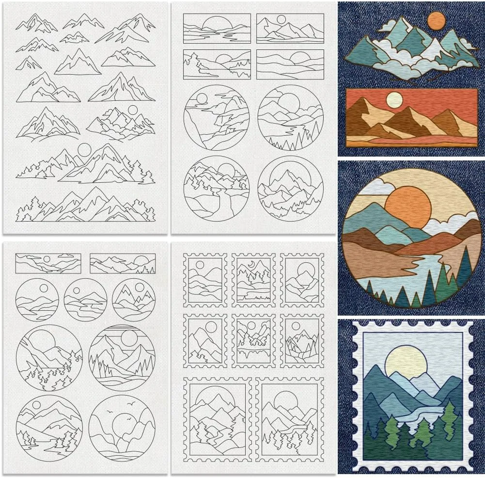 DOODLREAM 39 عدد تثبیت کننده های خیاطی دستی محلول در آب طرح کوه و خورشید، 29.7×21 سانتی متر تثبیت کننده طرح گلدوزی منظره طبیعی، 4 ورق استیکر کاغذی گلدوزی گرد
