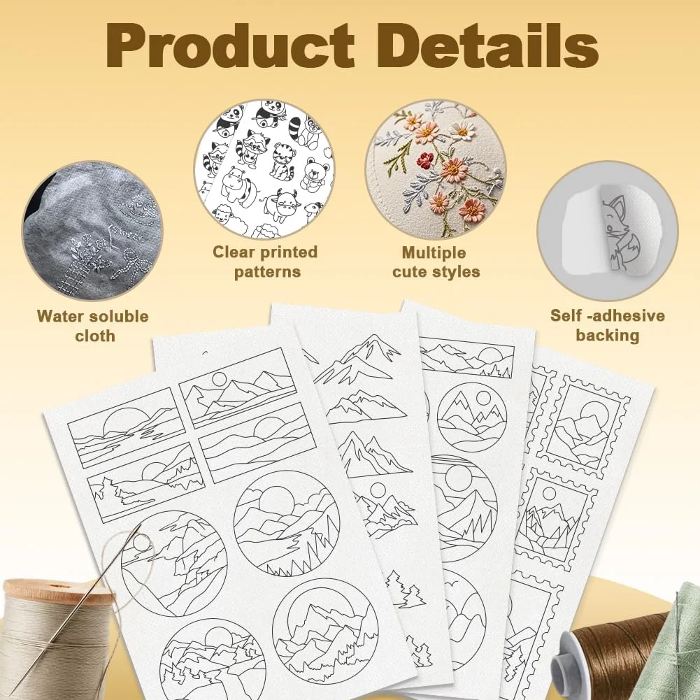 DOODLREAM 39 عدد تثبیت کننده های خیاطی دستی محلول در آب طرح کوه و خورشید، 29.7×21 سانتی متر تثبیت کننده طرح گلدوزی منظره طبیعی، 4 ورق استیکر کاغذی گلدوزی گرد DOODLREAM 39 عدد تثبیت کننده های خیاطی دستی محلول در آب طرح کوه و خورشید، 29.7×21 سانتی متر تثبیت کننده طرح گلدوزی منظره طبیعی، 4 ورق استیکر کاغذی گلدوزی گرد