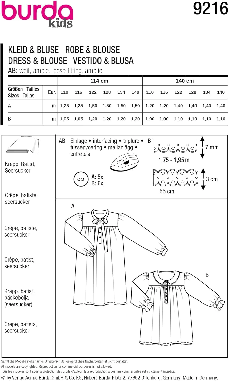 الگوی خیاطی لباس و بلوز دخترانه Burda Kids سایز 110-140 سانتی متر