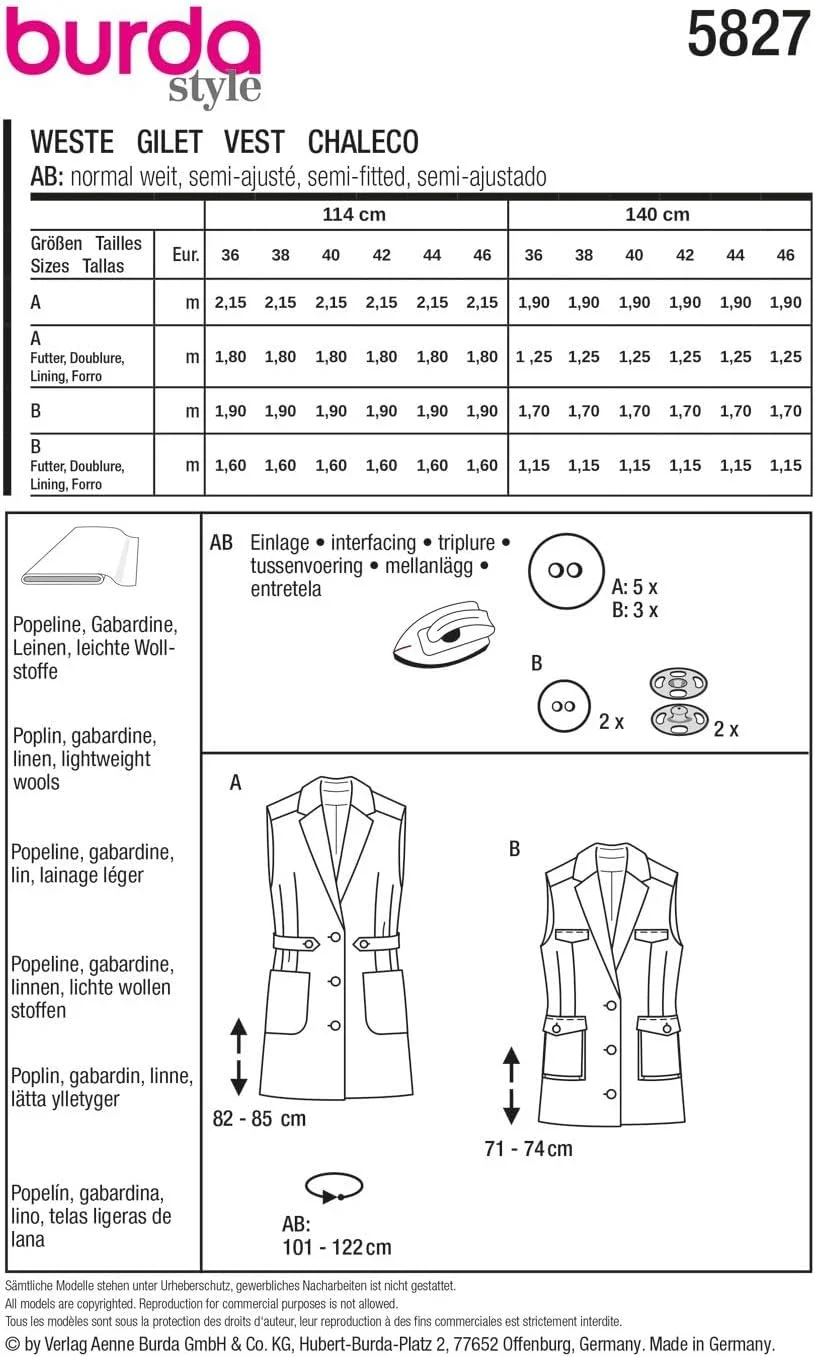 الگوی خیاطی بوردا استایل 5827 جلیقه [سایز 8-10 زنانه] سطح 4 پیشرفته