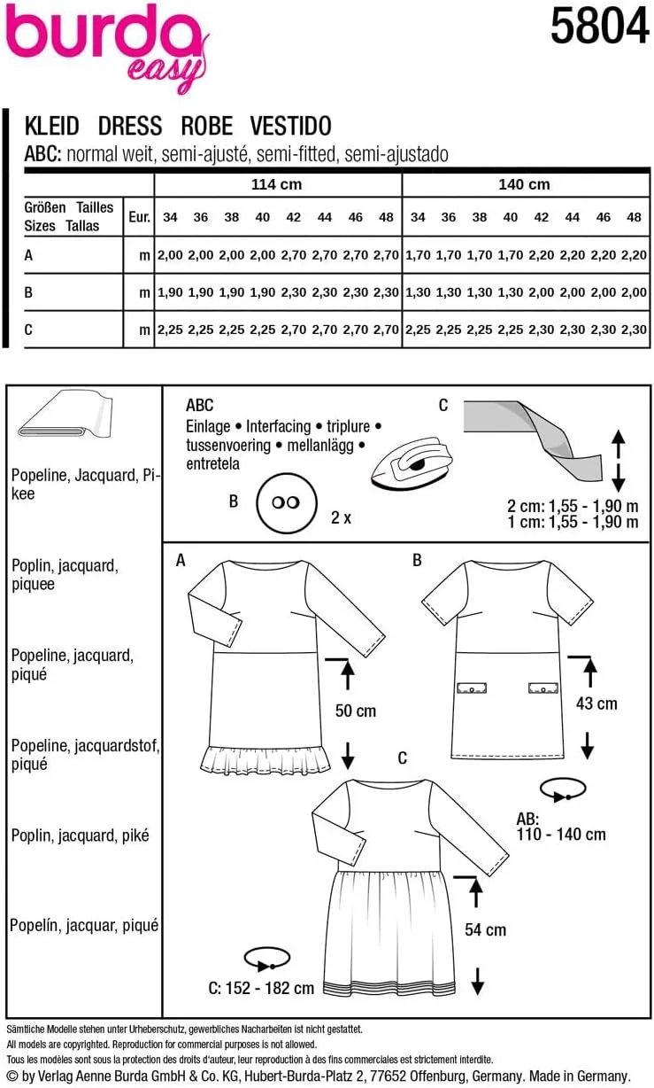 الگوی خیاطی بوردا استایل 5804 لباس [سایز بانوان 36-46] سطح 1 فوق العاده آسان
