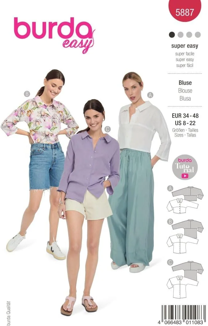 الگوی خیاطی بوردای استایل 5887 | بلوزهای با طول های مختلف برای دوخت | سایز زنانه 36-48 | سطح دوخت: آسان