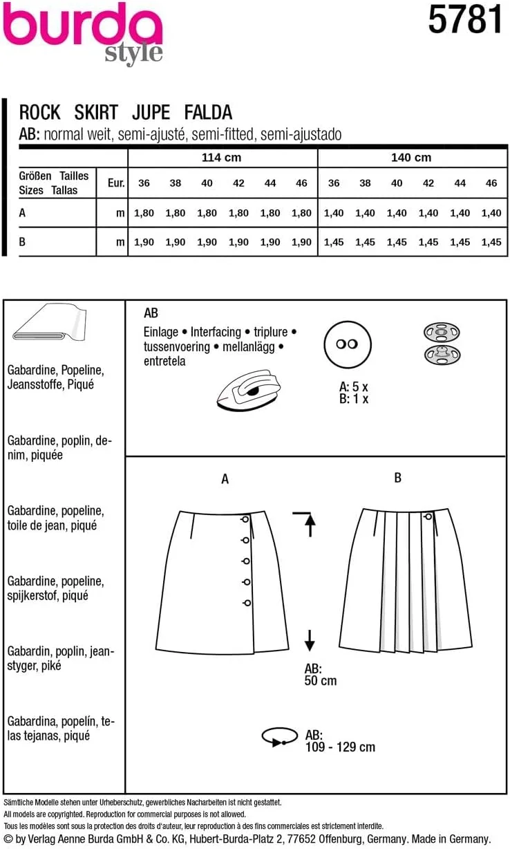 الگوی خیاطی دامن بردا استایل 5781 [سایز زنانه 8-10-12-14، سطح 2 آسان]