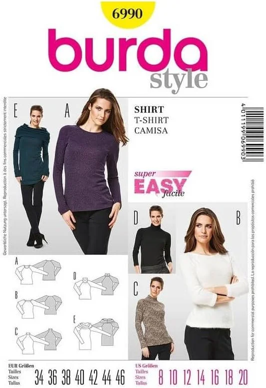 الگوی خیاطی آسان زنانه Burda style 6990 برای تی شرت، تاپ و جامپر