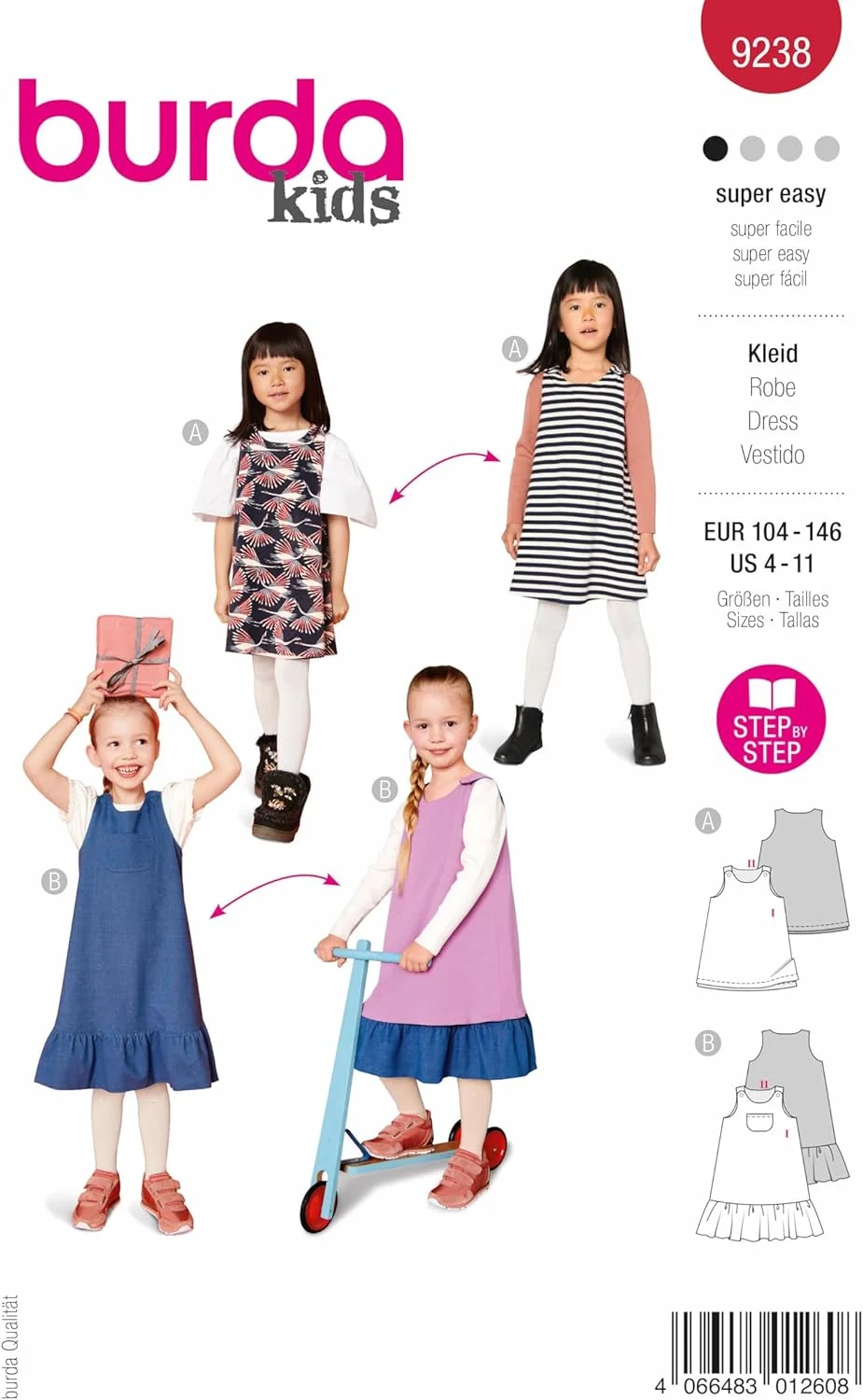 الگوی خیاطی بوردا استایل 9238 لباس [سایز بچه گانه 104-146] سطح 1 فوق العاده آسان