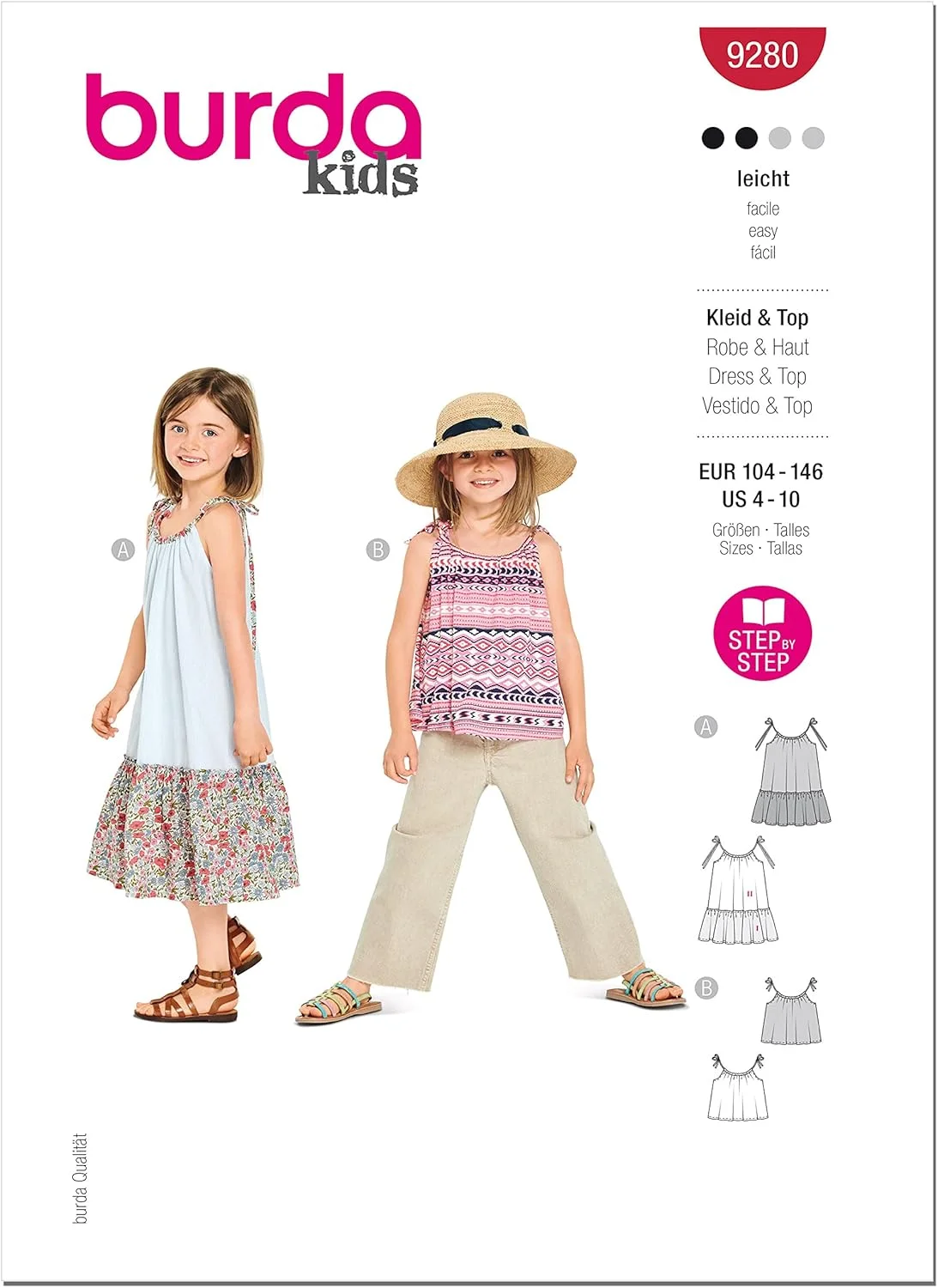 الگوی خیاطی لباس آفتابی و تاپ دخترانه Burda Style، کد 9280، سایز 4-10، چند رنگ