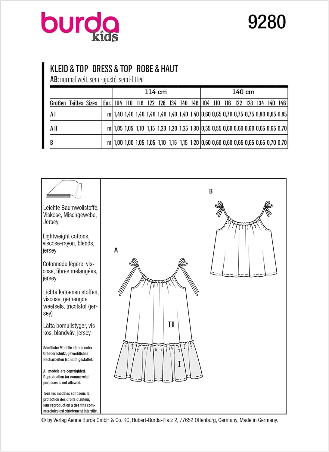 الگوی خیاطی لباس آفتابی و تاپ دخترانه Burda Style، کد 9280، سایز 4-10، چند رنگ