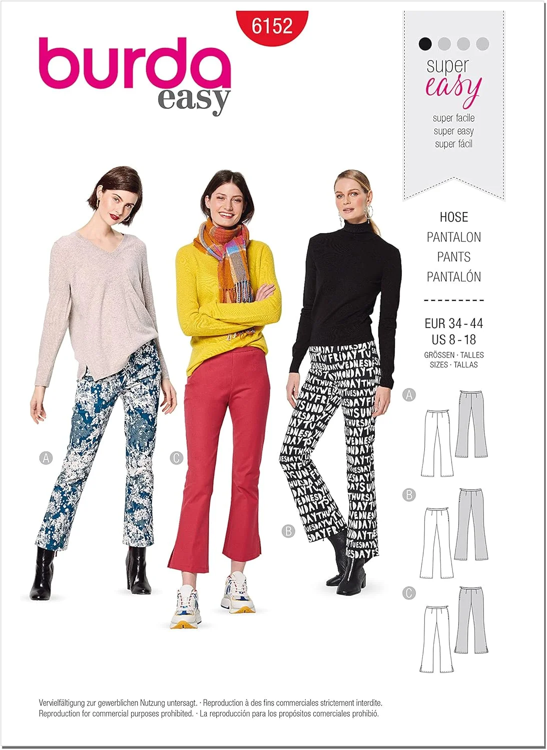 الگوی خیاطی آسان زنانه Burdastyle، شلوار یا شلوار گشاد باریک، کد 6152، سایزهای 8-18، چند رنگ