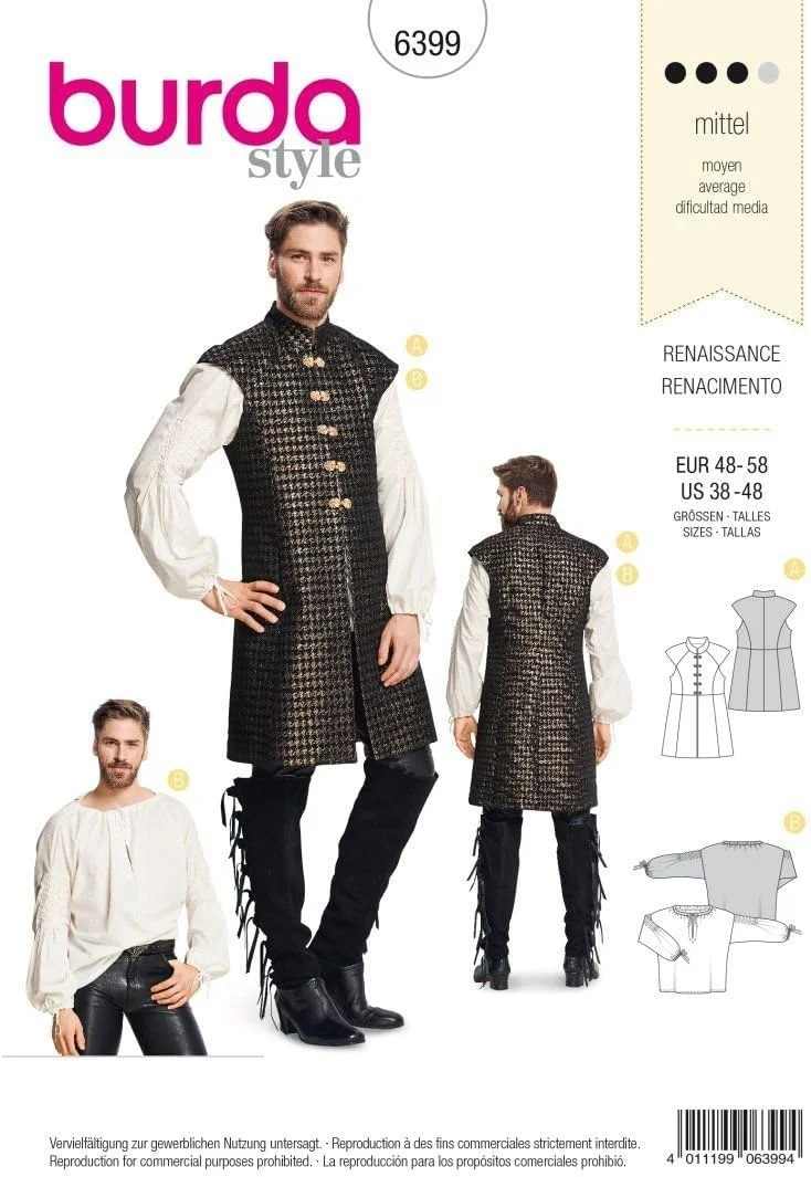 الگوی خیاطی مردانه بوردای استایل B6399 - پیراهن و جلیقه رنسانس مردانه، A(38-40-42-44-46-48)