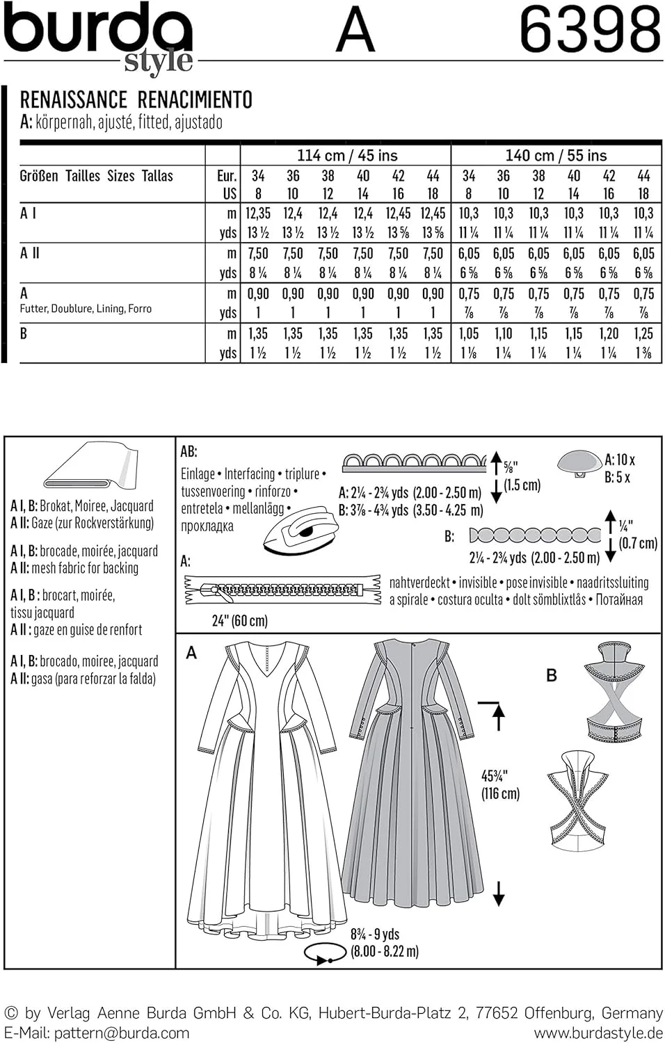 الگوی خیاطی بوردا استایل B6398 - لباس رنسانس زنانه، A(8-10-12-14-16-18)