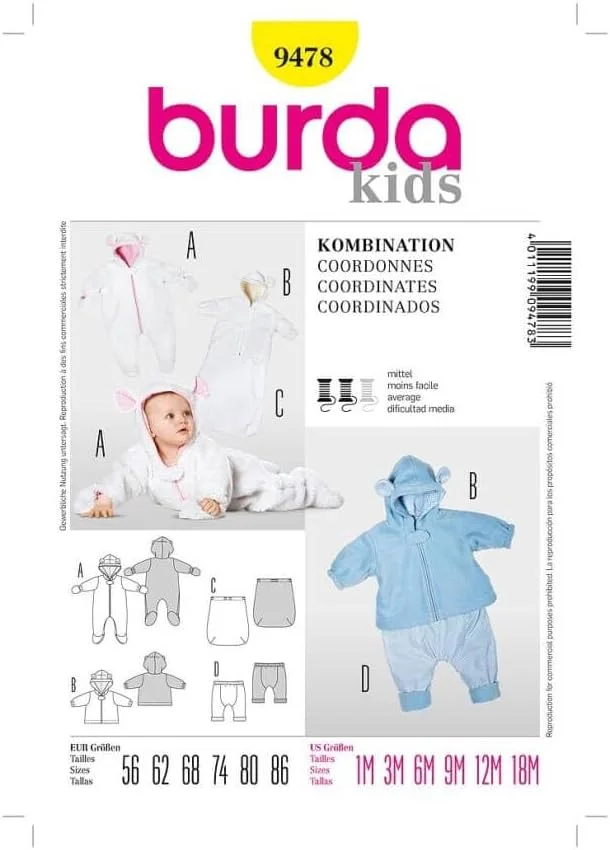 الگوی خیاطی بوردا استایل 9478 ترکیب نوزاد: سرهمی، ژاکت، کیسه پا و شلوار سایز 56-86