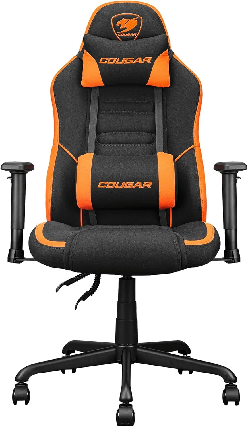 صندلی گیمینگ ارگونومیک COUGAR Fusion SF، پارچه بافته شده، پایه فلزی 5 ستاره، پشتیبانی کمری سه بعدی داخلی، دسته بازوی قابل تنظیم، سیلندر بالابر گازی کلاس 4، 120 کیلوگرم - نارنجی مشکی