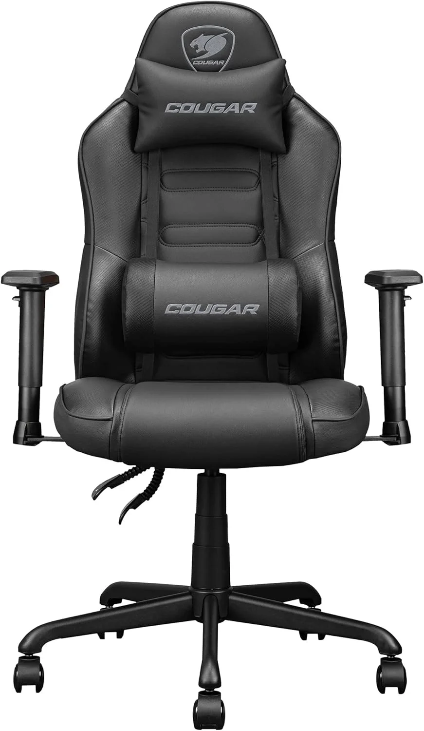 صندلی گیمینگ ارگونومیک COUGAR Fusion S، چرم مصنوعی PVC، پایه فلزی 5 ستاره، پشتیبانی کمری منحنی سه بعدی داخلی، دسته بازوی قابل تنظیم، سیلندر بالابر گازی کلاس 4، 120 کیلوگرم - مشکی