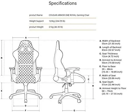 صندلی گیمینگ کوگار مدل Armor One Royal، فریم فولادی، چرم PVC تنفسی، سیستم تکیه گاه 180 درجه، ظرفیت وزن 120 کیلوگرم، استراحتگاه بازوی قابل تنظیم سه بعدی، پایه 5 ستاره فولادی